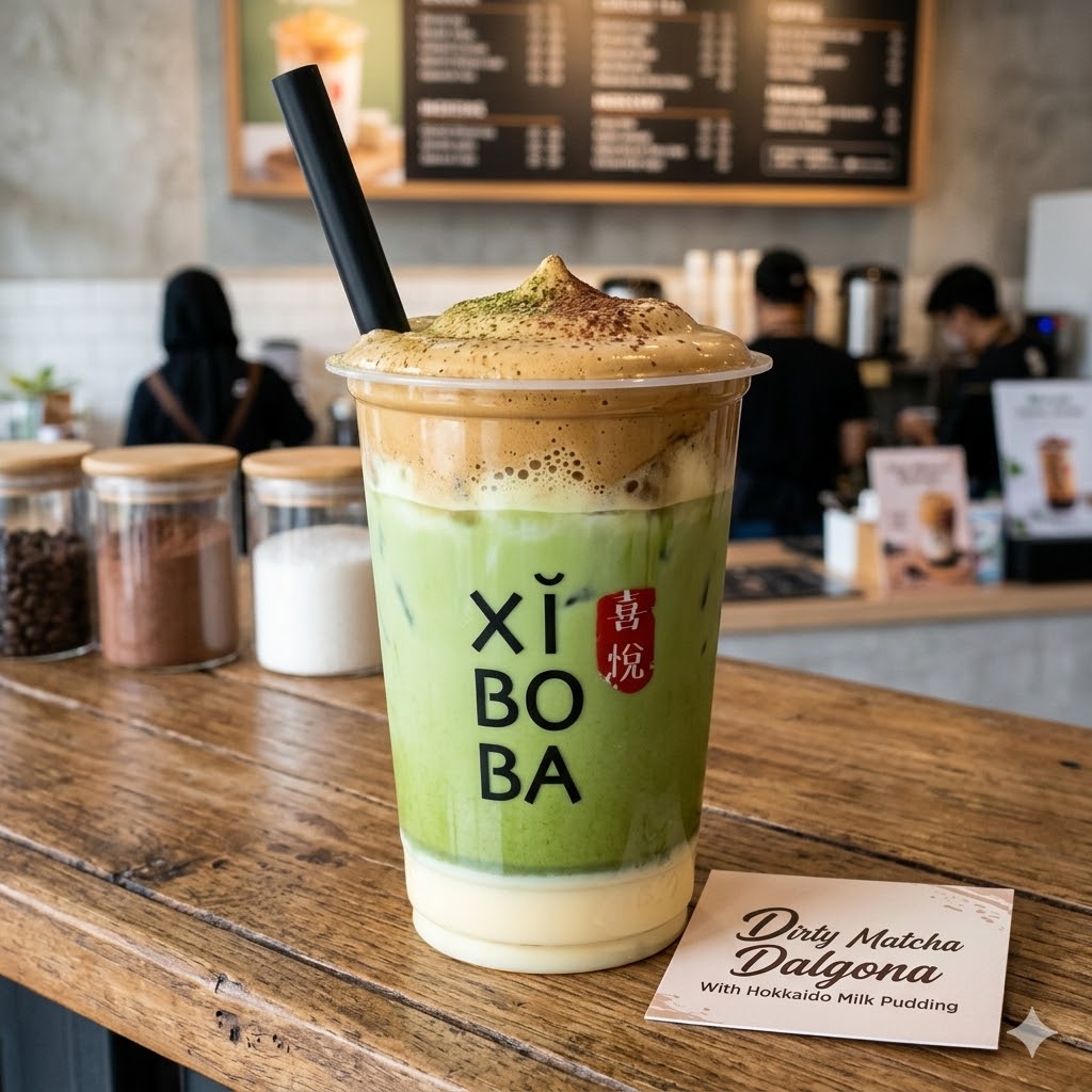 Dirty Matcha Dalgona With Hokkaido Milk Pudding